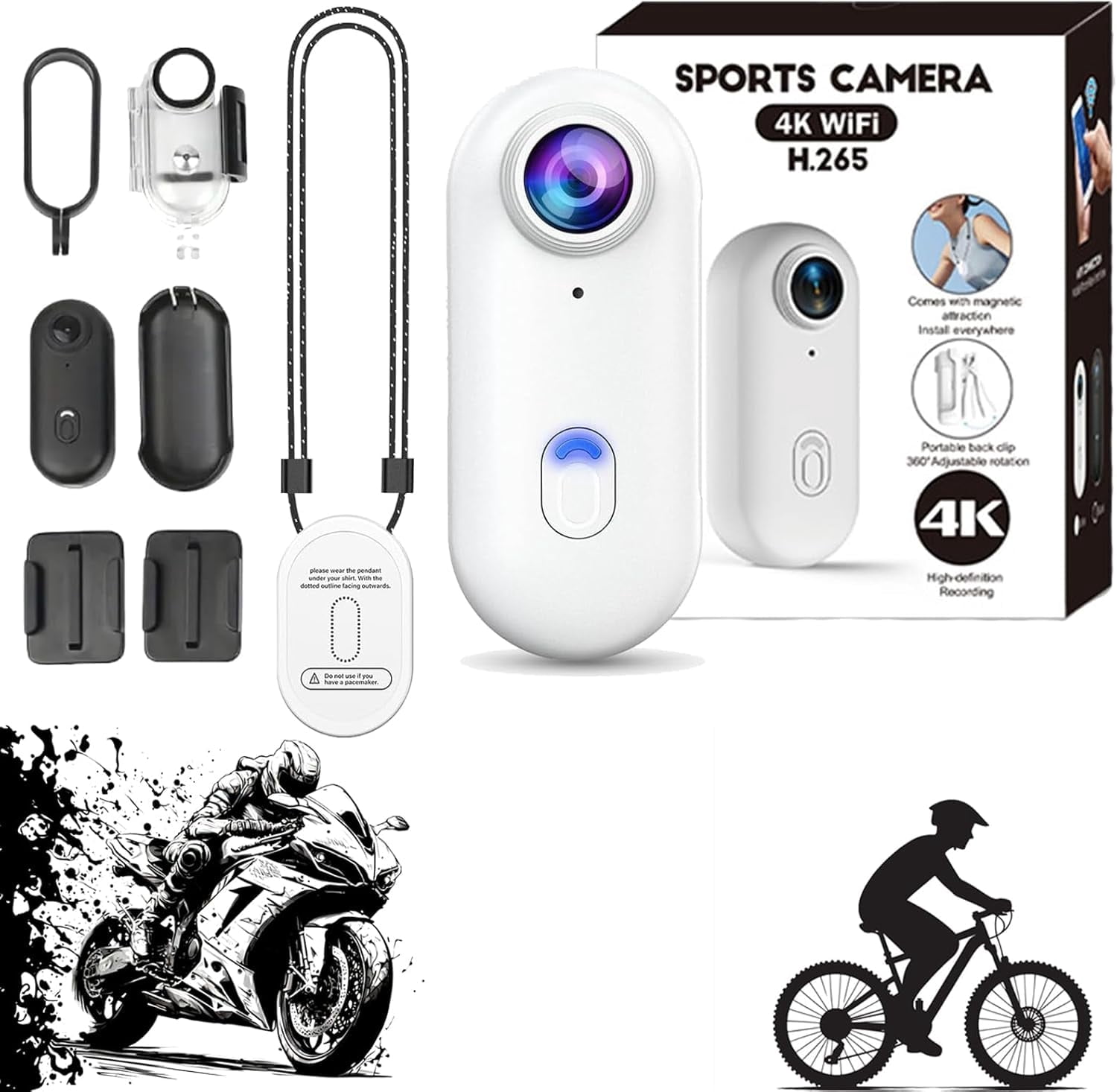 HD Action Camera, 4k Mini Baseball POV Camera Waterproof, Action Body Cam with Audio & Video, Mount Anywhere with Necklace, Visus Cam Mini for Vlogging, Travel, Sport, Ding (White, 1080P)