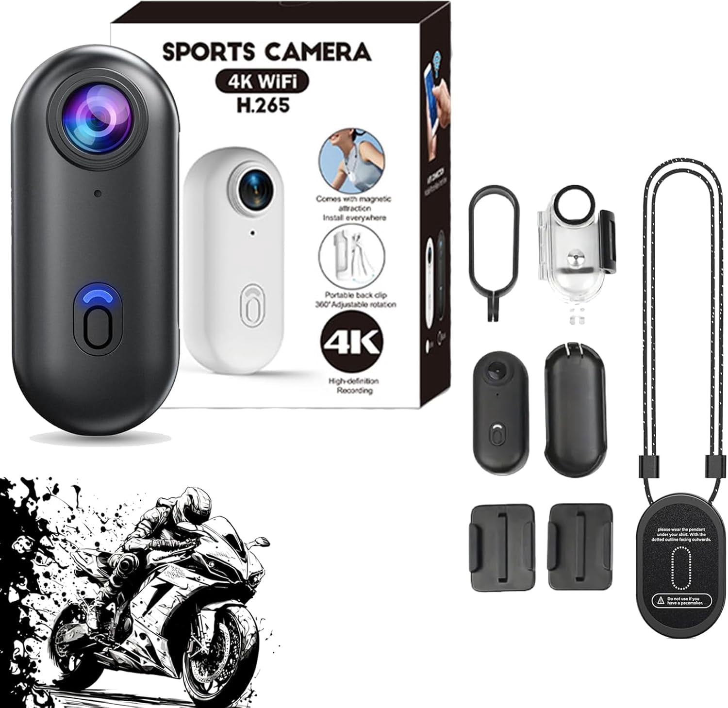HD Action Camera, 4k Mini Baseball POV Camera Waterproof, Action Body Cam with Audio & Video, Mount Anywhere with Necklace, Visus Cam Mini for Vlogging, Travel, Sport, Ding (Black, 1080P)