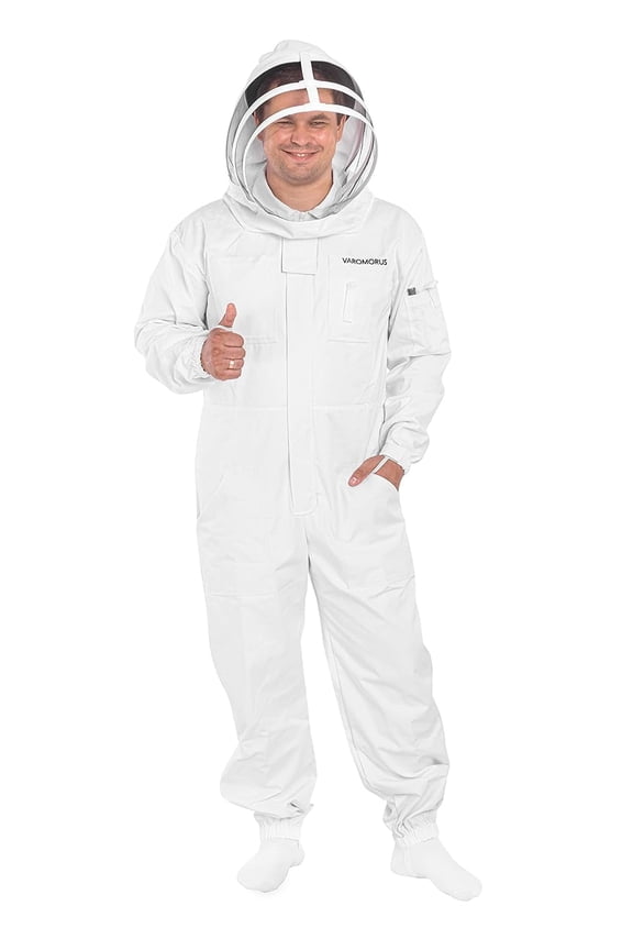 Professional Beekeeping Suit with Detachable Fencing Veil Hood, 100% Heavy Organic Cotton Coverall, 2-Way Zipper, 9 Pockets, White, XXL
