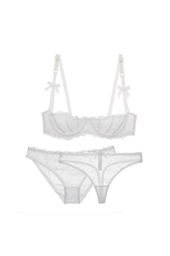 Lingerie Set for Women Sexy Lace Bra and Panty Thongs Sets Unlined Demi-Cup Underwire Bra and See Though Panties