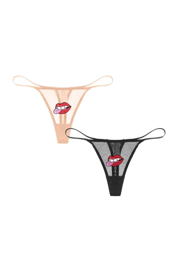 Woman's Sexy G-String Thongs with Lip Cartoon Stickers 2 Pack