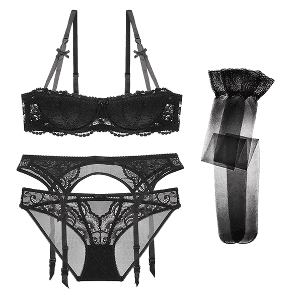 Varsbaby Women Push Up Bras Set Lace Lingerie Bra and Panties and Garter and Stocking 4 piece