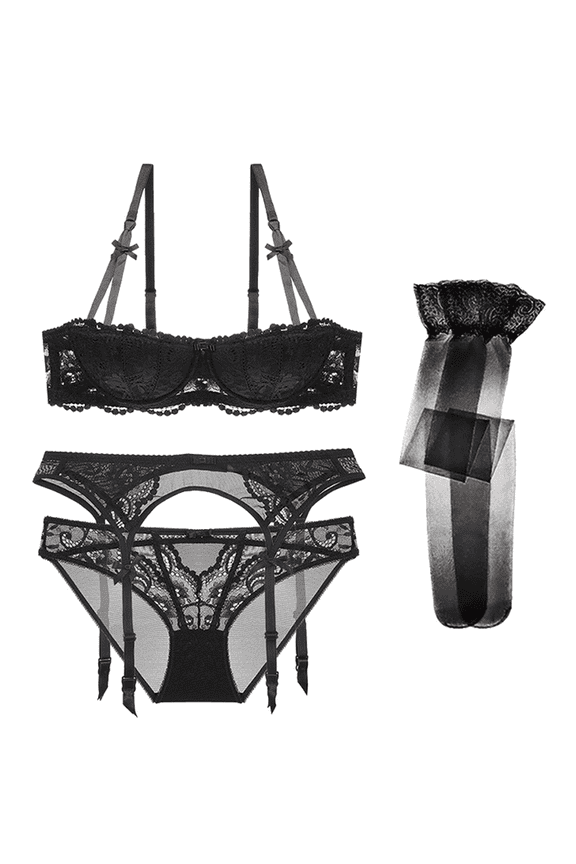 Women Push Up Bras Set Lace Lingerie Bra and Panties and Garter and Stocking 4 piece