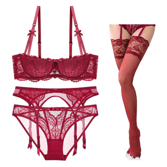 Varsbaby Women Push Up Bras Set Lace Lingerie Bra and Panties and Garter and Stocking 4 piece