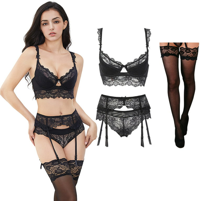 Women Underwire Lingerie Set with Garter Belt Push Up Bra and Panty Set  with Stockings 
