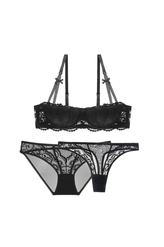 Women's Bra and Panties Set Lace Panties and Thongs Lingerie Set 3 Pce