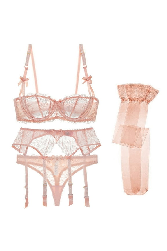 Women's Demi Cup Bra Thongs Garters Stocking Lingerie Set