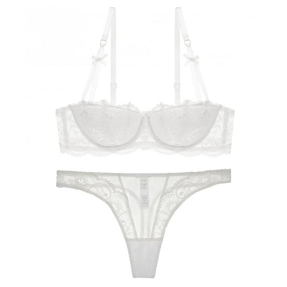 Varsbaby Women's Demi-cup Bra See Through Thongs Red Lingerie Set