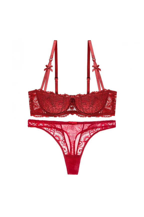 Women's Demi-cup Bra See Through Thongs Red Lingerie Set
