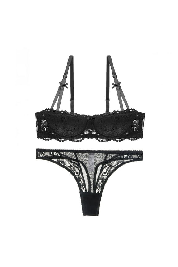 Women's Demi-cup Bra See Through Thongs Red Lingerie Set