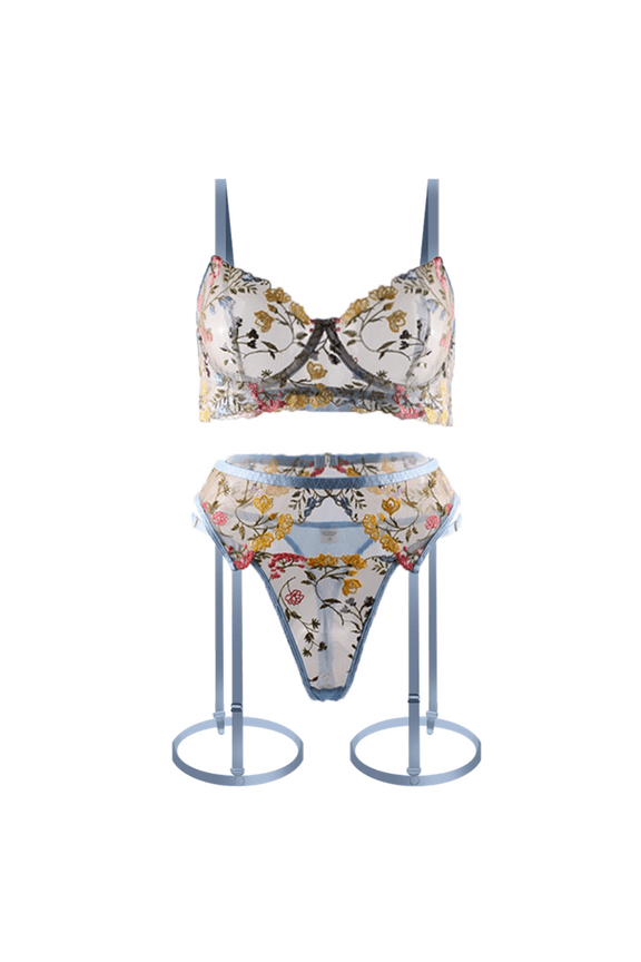 Women's Sexy Sheer Bra See Through Mesh Lingerie Set Transparent Unlined Lace Floral Bra Panty and Garter 3 Piece