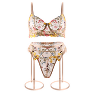 Varsbaby Womens Sexy Sheer Bra See Through Mesh Lingerie Set Transparent Unlined Lace Floral Bra Panty and Garter 3 Piece
