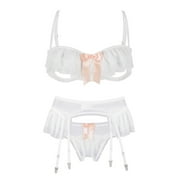Varsbaby Womens Sexy Transparent Dew Open File Lingerie Set and Transparent Garters