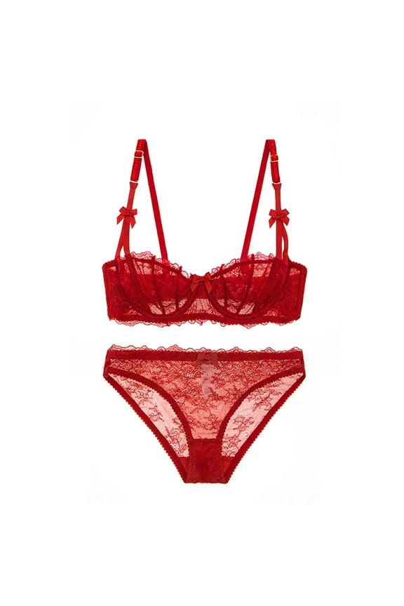 Women's Unlined Demi-Cup Bra Sexy Lace Bra and Panties Set See Through Lingeire Set