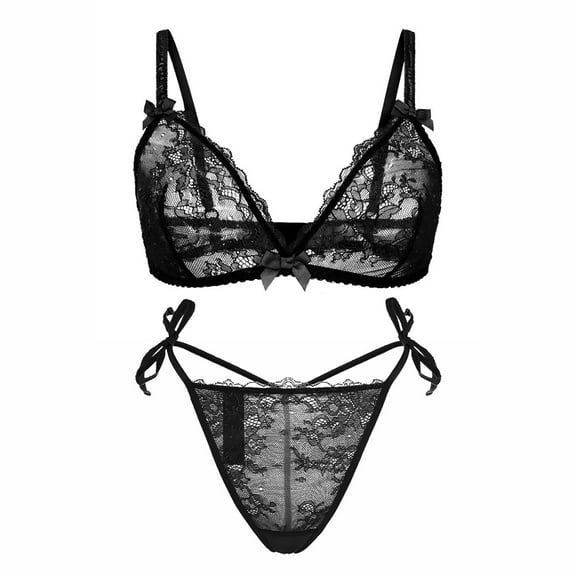 Varsbaby Women's Unlined Wire-free Lace Bra See Through G-string Thongs Sets