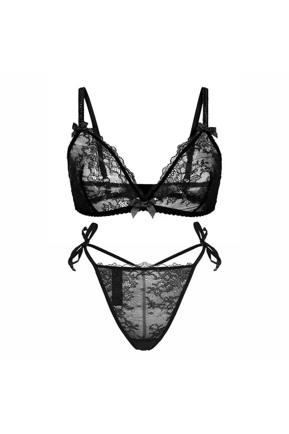 Women's Unlined Wire-free Lace Bra See Through G-string Thongs Sets