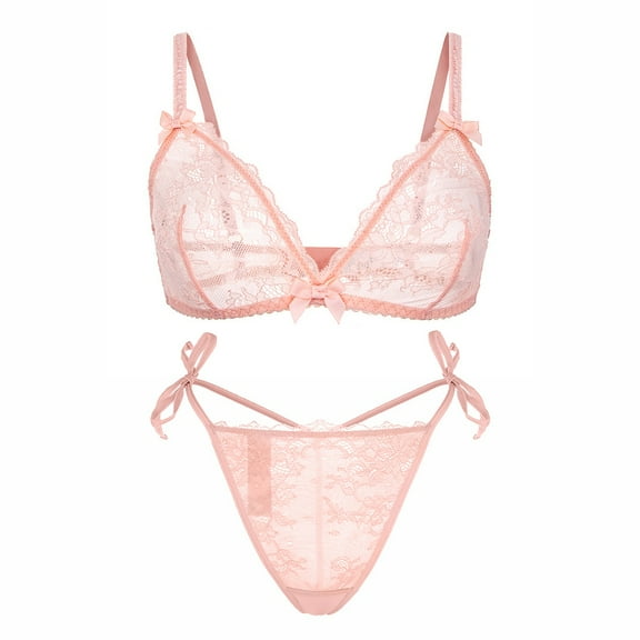 Varsbaby Women's Unlined Wire-free Lace Bra See Through G-string Thongs Sets