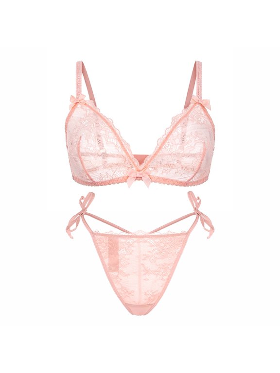 Women's Unlined Wire-free Lace Bra See Through G-string Thongs Sets