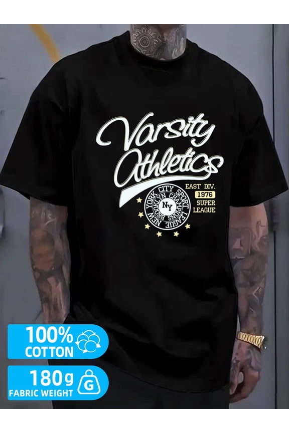 Varsity Athletics men's black 180G 100% Cotton Refreshing and lightweight,perfect for summer sports and leisure wear Basic Unisex Shirt Printed tshirts