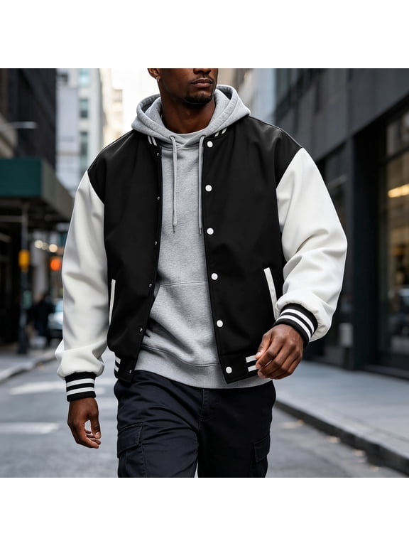 Varsity Bomber Jacket Men Color Block Snap Front Coat Ribbed Collar Cuffs Hem for Casual Party Sports Daily