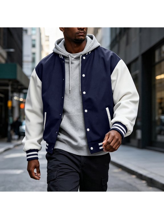 Varsity Bomber Jacket Men Color Block Snap Front Coat Ribbed Collar Cuffs Hem for Casual Party Sports Daily