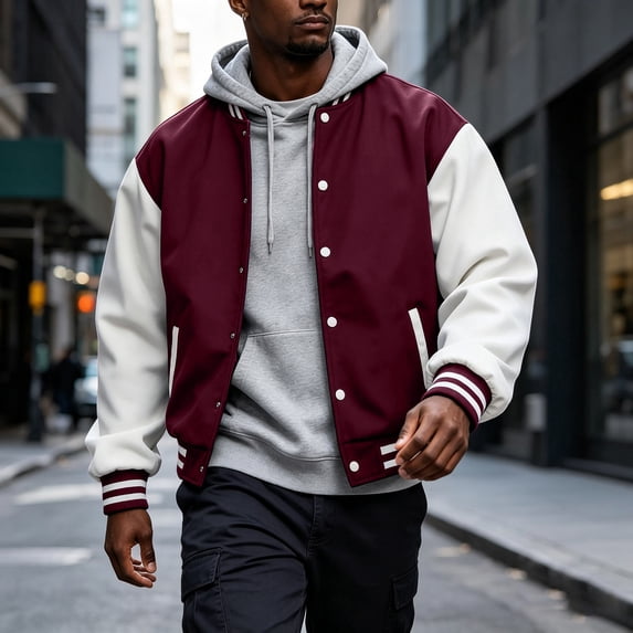 Varsity Bomber Jacket Men Color Block Snap Front Coat Ribbed Collar Cuffs Hem for Casual Party Sports Daily