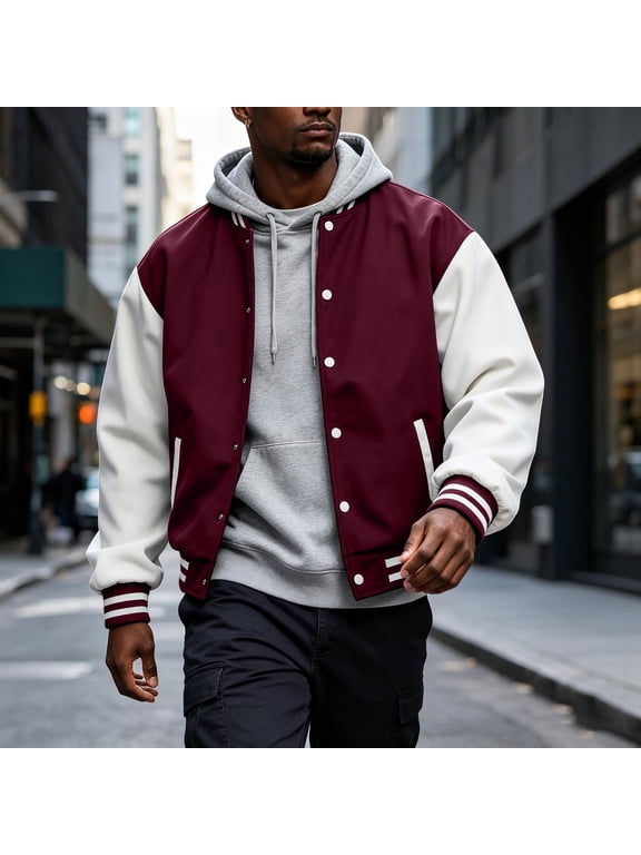 Varsity Bomber Jacket Men Color Block Snap Front Coat Ribbed Collar Cuffs Hem for Casual Party Sports Daily