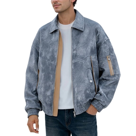 Varsity Jacket Men Collared Oversized Style Colour Block Long Sleeved Hoodless Business Casual Clothes for Men,Dark Blue,3XL