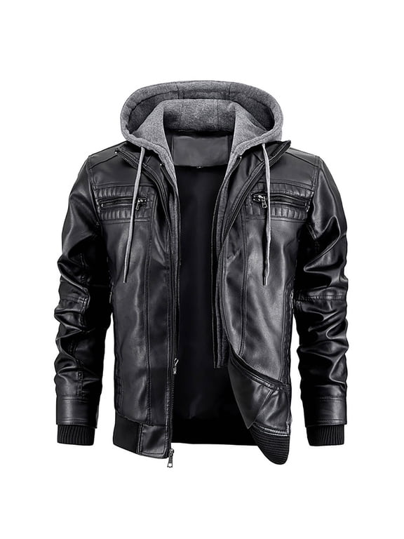 Varsity Jacket Men Pu Hooded Outdoor Casual Leather Style Straight Jacket,Black,S