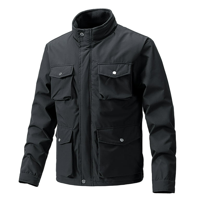 Varsity Jacket Mens Autumn And Winter Stand Collar Multi Pockets Casual Jacket Workwear Solid Color Cardigan Zipper Long Sleeve Hoodless Casual Jacket Winter Jackets for Men Size M Walmart