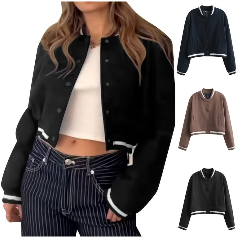 Varsity Jacket Women Button Down Long Sleeve Cropped Bomber