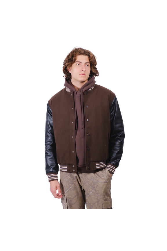 Men's Varsity Jacket, Heavyweight, Wool-Blend with PU Sleeves, Brown, X-Large