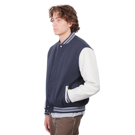 Brooklyn Cloth Varsity Jacket, Heavyweight Wool-Blend Body Contrast Sleeves, Navy, Large