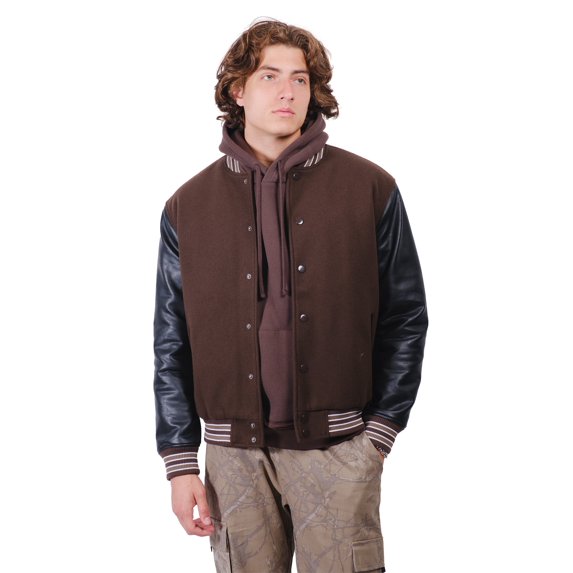 Brooklyn Cloth Varsity Jacket, Faux Wool PU Sleeves, Heavyweight Streetwear, Brown, Medium