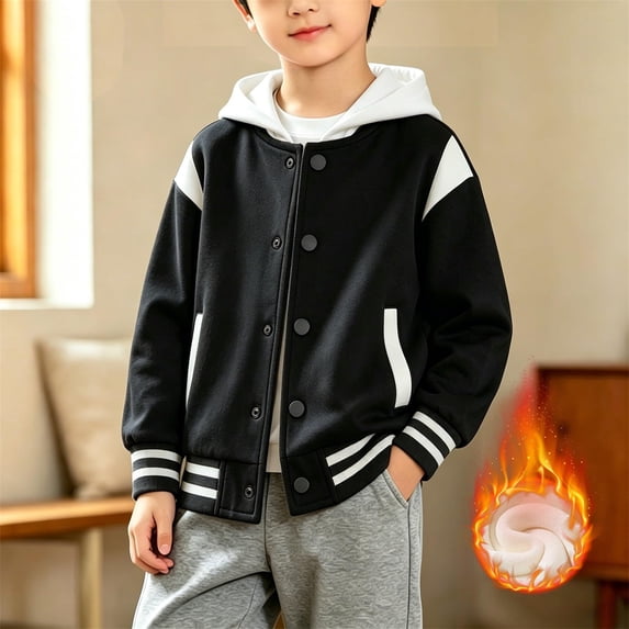 Varsity Jackets Fleece Lined Hooded Fake Two Piece Baseball Coat Snap Button Front Back To School Birthday Party Toddler Outerwear
