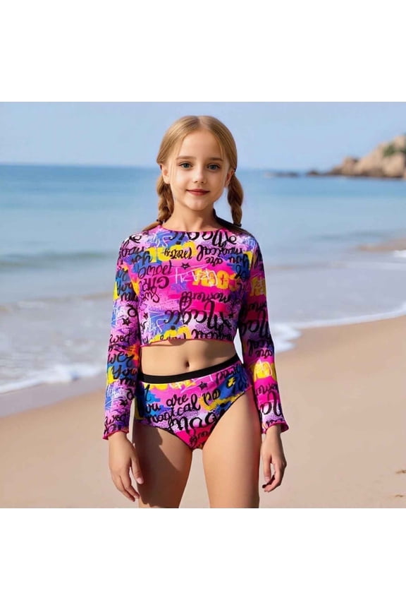Varsity Letter Print Long Sleeve Rash Guard Top and Bikini Bottom Two Piece Sun Protection Swimsuit for Girls