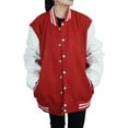 thumbnail image 1 of Varsity Letterman Baseball Red Jacket- Wool Oversize Women Bomber jacket- White PU Faux Leather Sleeves High School University Wool Jacket - Gift For Her, 1 of 5