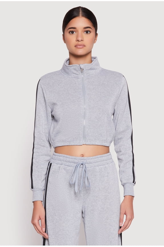 Womens Varsity Stripe Zip Front Cropped Sweatshirt