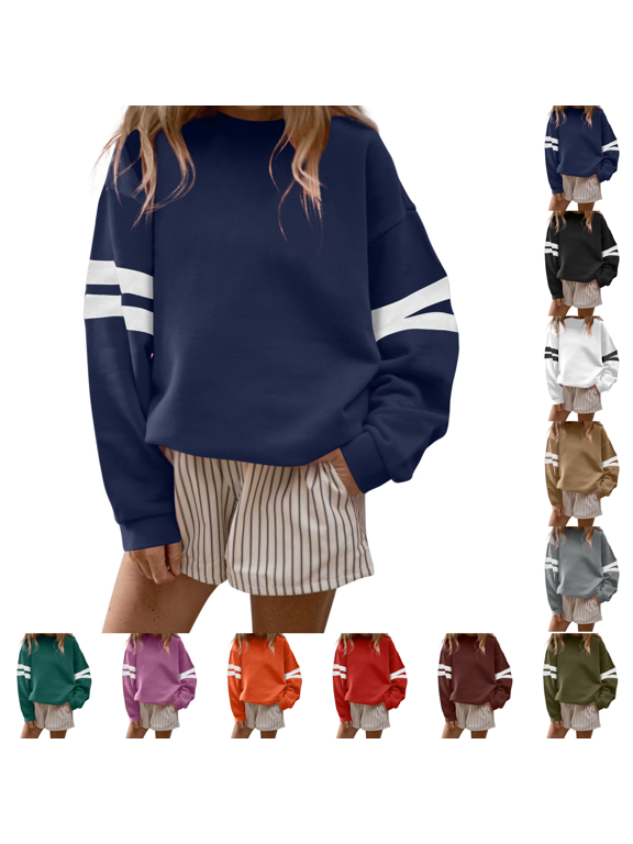 Varsity Striped Sweatshirt Womens Long Sleeve Tops Casual Oversized Crewneck Drop Shoulder Fleece Lined Knit Sweatshirts Retro Sporty Work School Holiday Fall Winter Dark Blue L