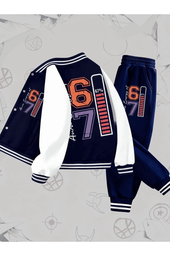Varsity Style Tracksuit Varsity Jacket set funny boys blue polyester Casual Classic Polyester Baseball Jacket and Pants Set Perfect for Outdoor Sportswear plain cartoon funny vintage 3 to 10 years