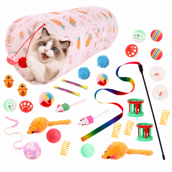 Varyoo 31Pcs Cat Toys Kitten Toys, Interactive Kitty Toys with Collapsible Cat Tunnels Tent, Cat Wand Catnip Feather Teaser