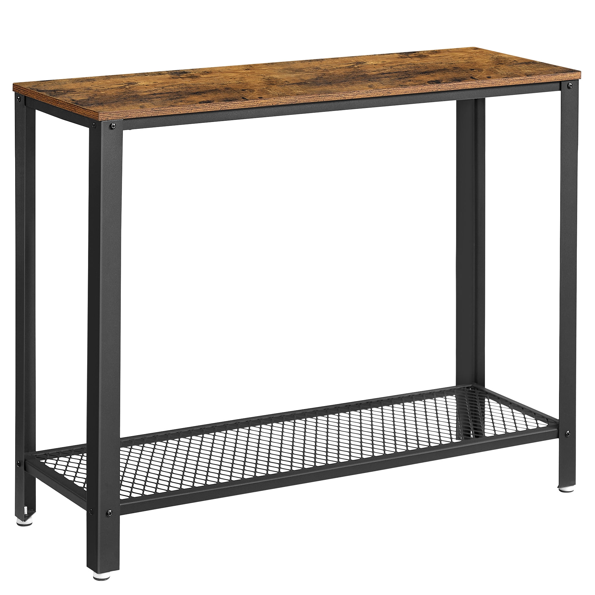 Rustic Brown and Black Industrial Console Table with Mesh Shelf