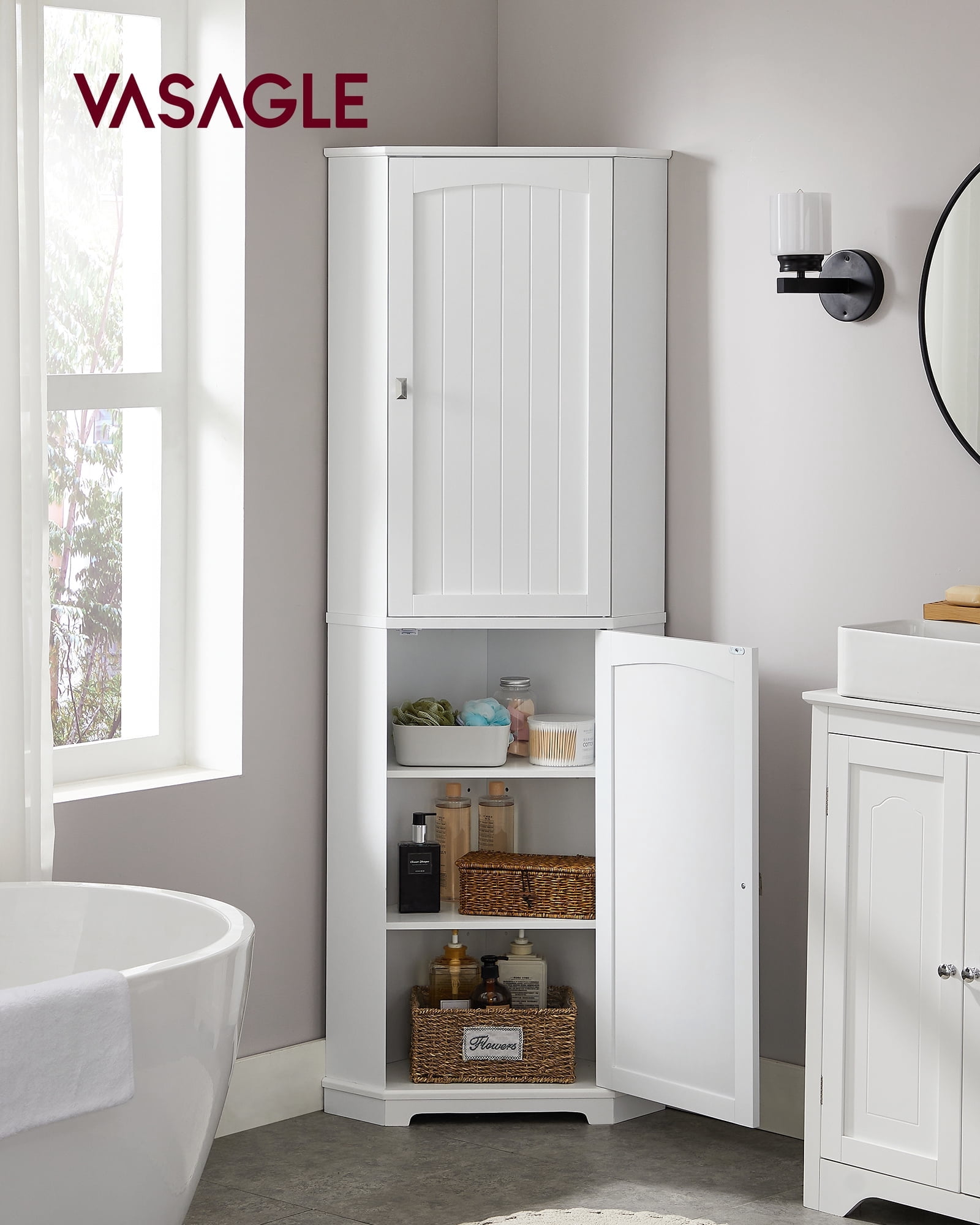 VASAGLE Floor Cabinet  Storage Cabinet with 2 Doors and 4 Adjustable Shelves Tall Corner Cabinet Modern Farmhouse Design, White