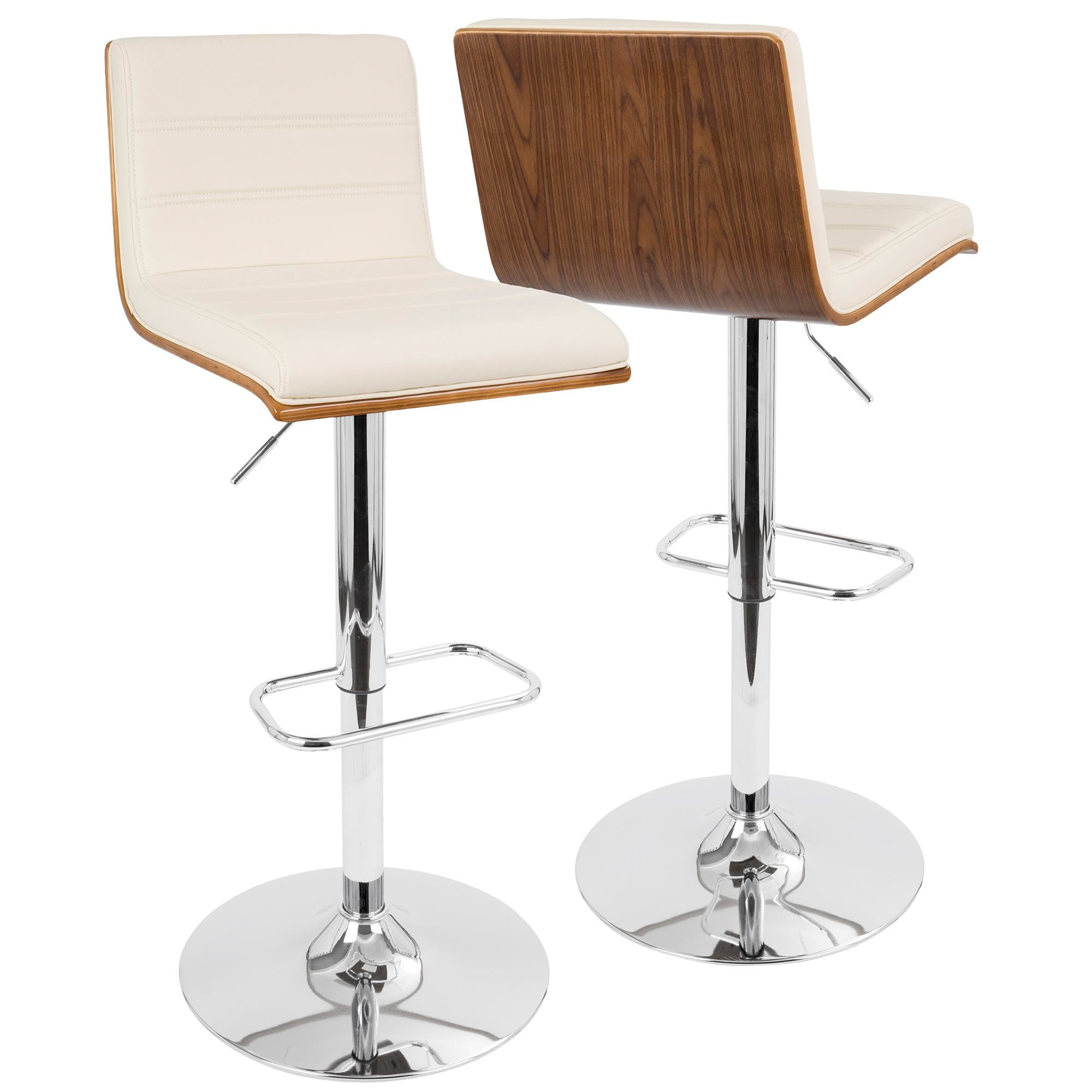 Adjustable Walnut and Cream Leather Bar Stool with Metal Base