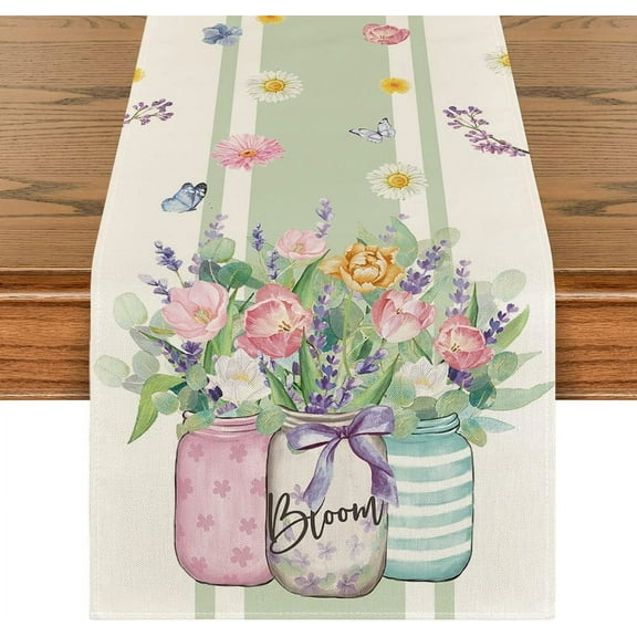Vase Bloom Tulip Lavender Summer Table Runner, Seasonal Spring Kitchen Dining Table Decoration for Home Party Decor 13x36 Inch