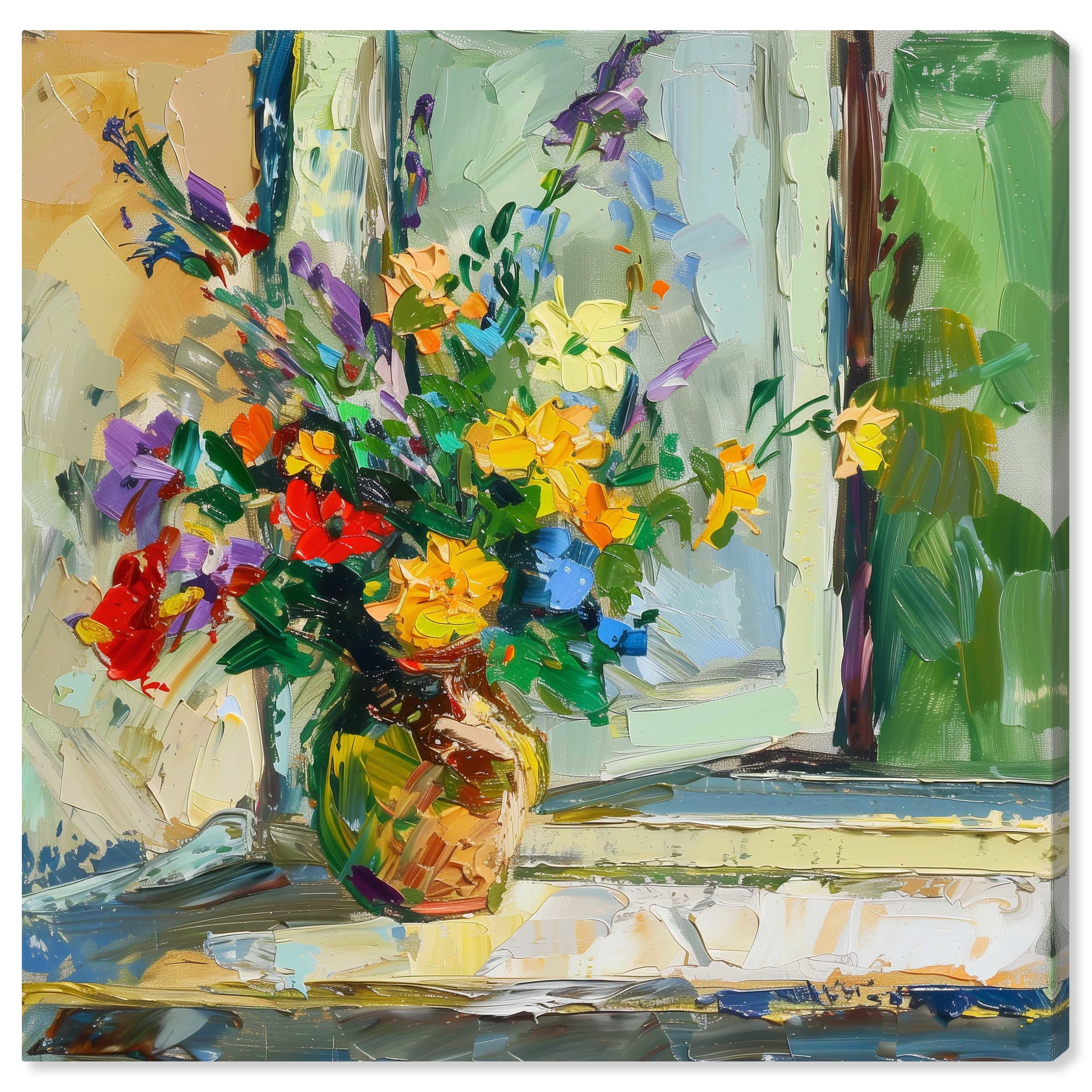 Vibrant Floral Vase by Window 16" x 16" Canvas Art