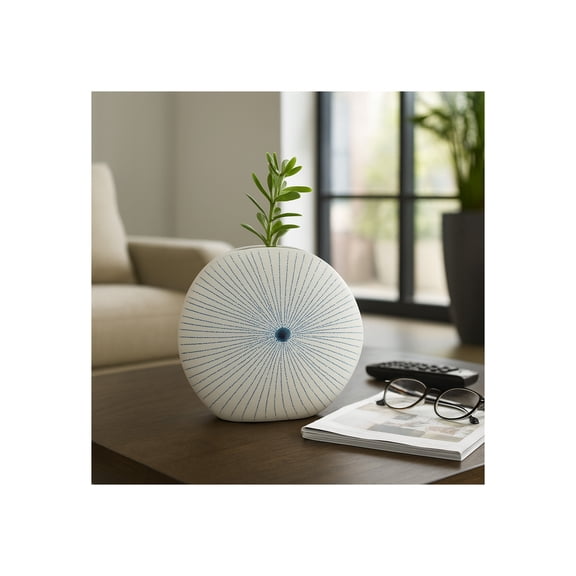 Ceramic Shell Vase with Dotted Pattern for Living Room Decor and Home Accents - Decorative Flower Vase for Room, Bedroom, or Office Display - Perfect for House and Table Styling - 9", White & Blue