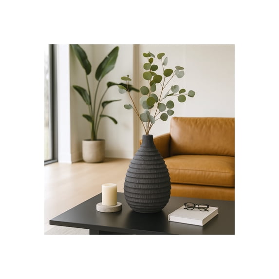 Contemporary Ceramic Ribbed Vase for Living Room Decor - Decorative Flower Vase for Bedroom, Office Desk, and House Display - Home Accent for Dining Room Table Styling - 15", Black