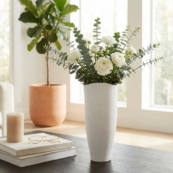 Textured Ceramic Vase for Living Room Decor - Coastal Home Decor Accent for Dining Room and Console Table - Decorative Flower Vase for Bedroom, House Styling, and Office  - 16", White