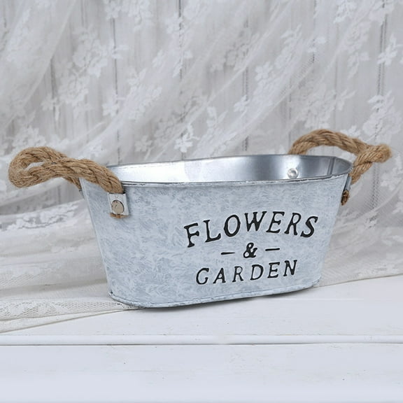 Vase/Flower Pot Rustic Small Metal Succulent Plant Container Bucket with 'Flowers & Garden' Quote and Handles Balcony Decor M
